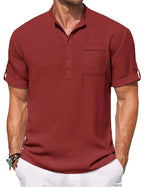 COOFANDY Mens Casual Shirts Band Collar Heley Shirt Short Sleeeve Fashion Linen T Shirt Lightweight Beach Wear Clothing Red