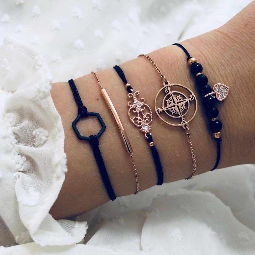Bohemian Black Beads Chain Bracelets Bangles For Women Fashion Heart Compass Gold Color  Bracelets Sets Luxury Jewelry Gifts - SJB-DIAMOND ELITES