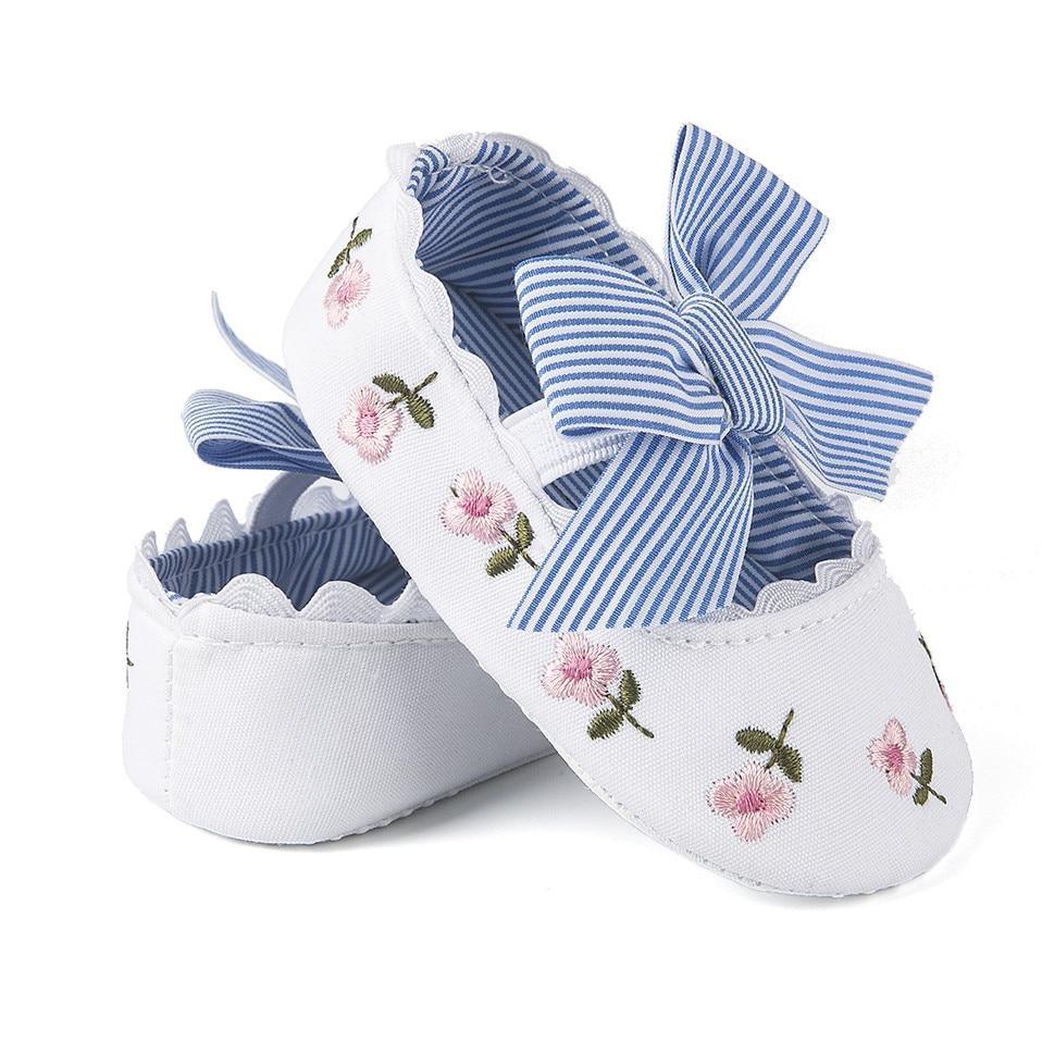 Baby Girl Newborn Shoes Floral Embroidery Striped Bowknot First Walker Soft Soles Anti-Slip Princess Shoes Stevvex