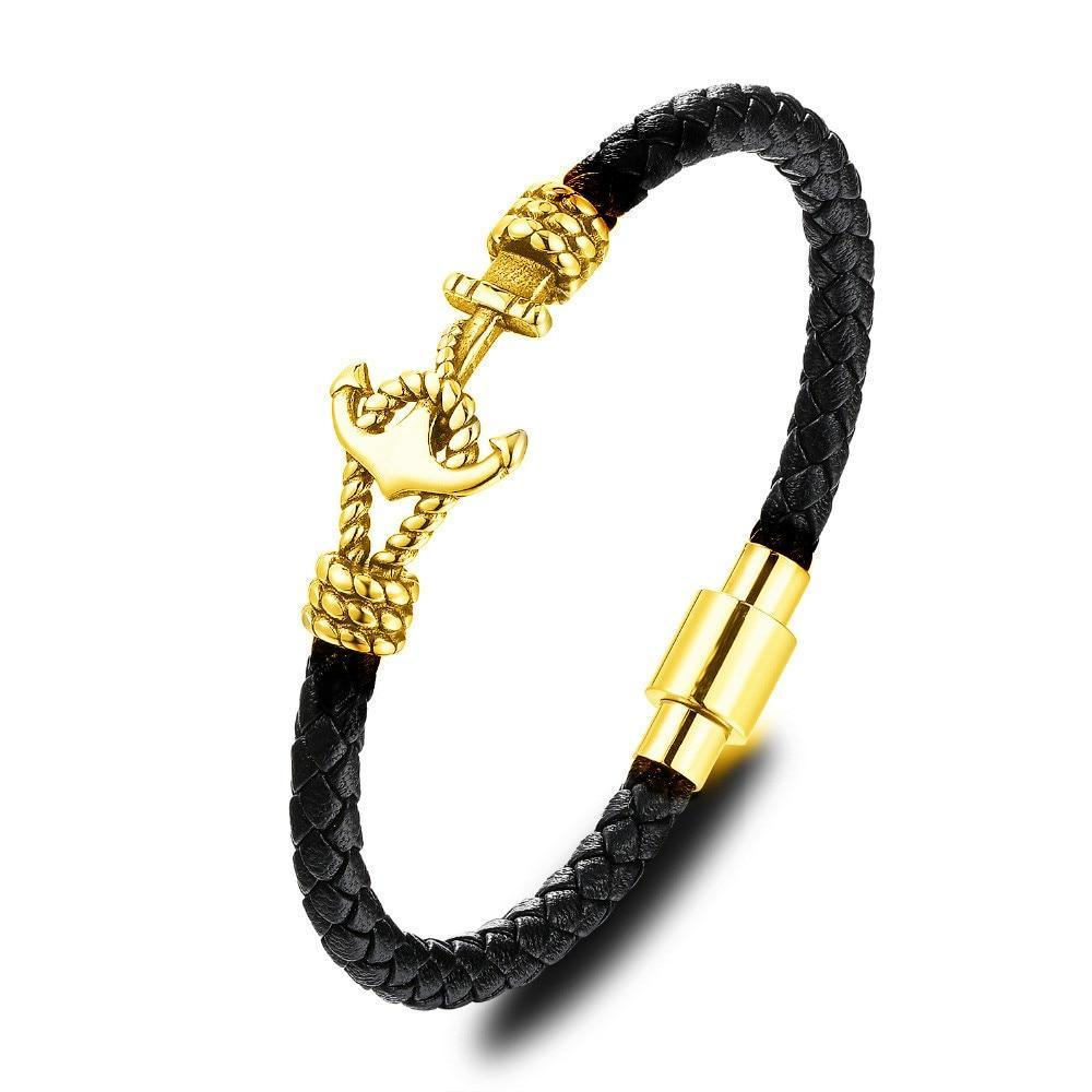 Modern Design Popular Black Leather Anchor Luxury Bracelet For Men Stainless Steel Leather Bracelet Elegant And Couple Bracelet - SJB-DIAMOND ELITES