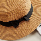 Classic Simple Female Hat For Summer Beach Hat Casual Lady Summer Solid Color Straw Hat Women Elegant Hat Traveling Hats UV Protection Sun Cap Women Flat Bowknot Design Cute Cap Girls Hat 56-58cm Stevvex