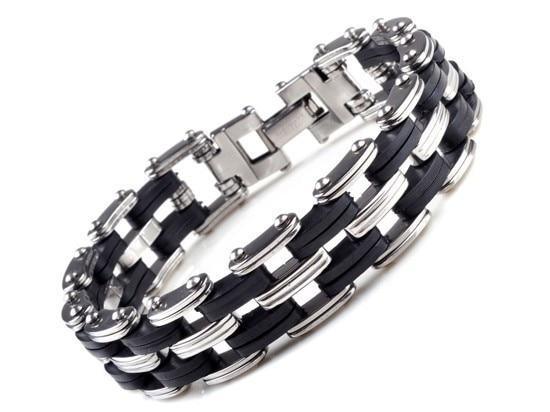 Men Stainless Steel Link Chain Bracelets & Bangles Men's Cuff  Wristband Biker Motorcycle Black Silicone Bracelet - SJB-DIAMOND ELITES
