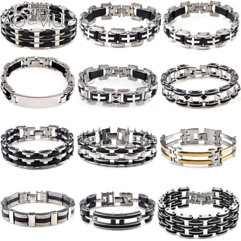 Men Stainless Steel Link Chain Bracelets & Bangles Men's Cuff  Wristband Biker Motorcycle Black Silicone Bracelet - SJB-DIAMOND ELITES
