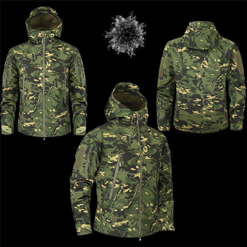 Men's Camouflage Tactical Jacket Green Camouflage Water Resistant Jacket Waterproof Windbreaker Hooded Jackets Ski Jacket Warm Winter Coats Men Soft Winter Hooded Coat Hiking Clothes Stevvex