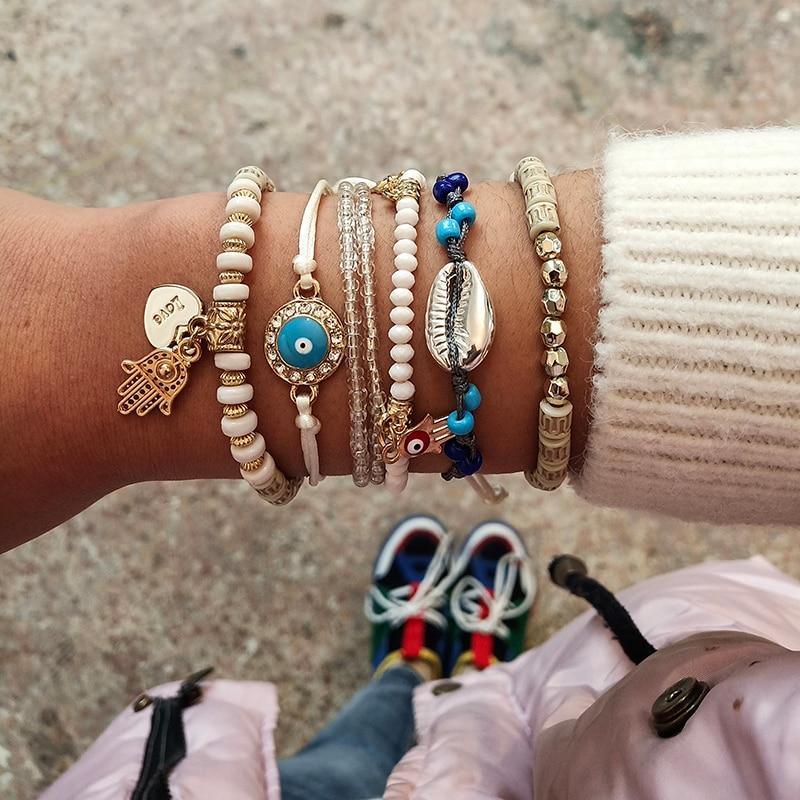 Ethnic Hand Heart Eye Adjustable Pendant Layered Bracelets Set for Women Beads String Bracelet Bangle Anklets Luxury Jewelry For Women - SJB-DIAMOND ELITES