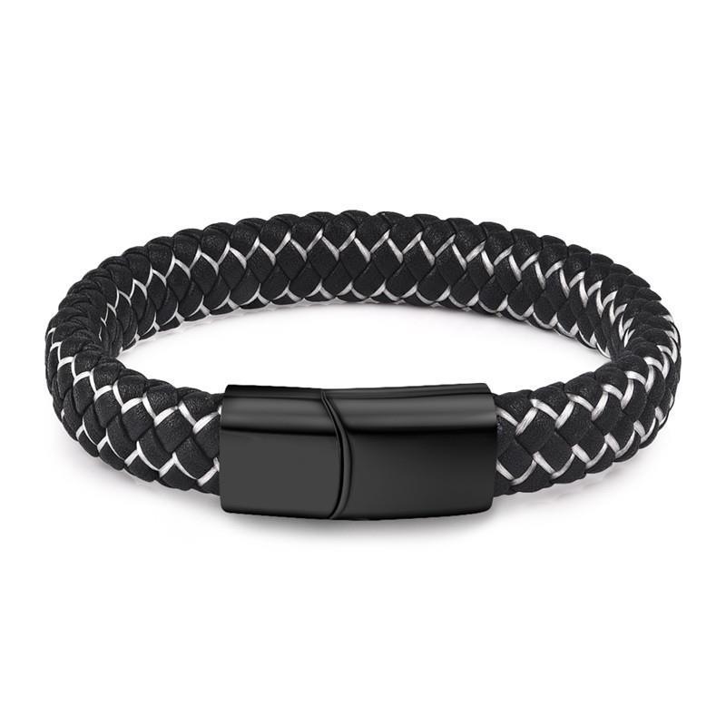 Handmade Luxury Modern Leather Black Blue Braided Leather Bracelet for Men Stainless Steel Design - SJB-DIAMOND ELITES