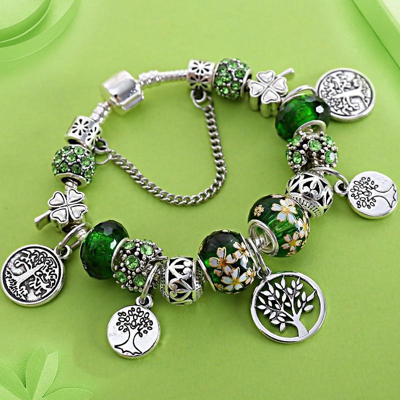 Elegant Modern Amazing Fashion New Luxury Silver Tree of Life Fashion Bracelet Green Leaf Crystal Charm Bracelet - SJB-DIAMOND ELITES