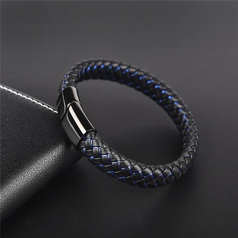 Handmade Luxury Modern Leather Black Blue Braided Leather Bracelet for Men Stainless Steel Design - SJB-DIAMOND ELITES