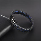 Handmade Luxury Modern Leather Black Blue Braided Leather Bracelet for Men Stainless Steel Design - SJB-DIAMOND ELITES