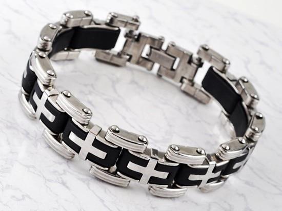 Men Stainless Steel Link Chain Bracelets & Bangles Men's Cuff  Wristband Biker Motorcycle Black Silicone Bracelet - SJB-DIAMOND ELITES