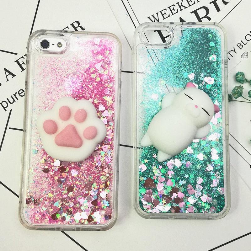 3D  Cat Case For Iphone 5s Se 7 7 Plus Case Liquid Quicksand Glitter Silicone Case For Iphone 8 8 Plus X 6 6s Cover  Rubber Silicone Phone Case Stevvex