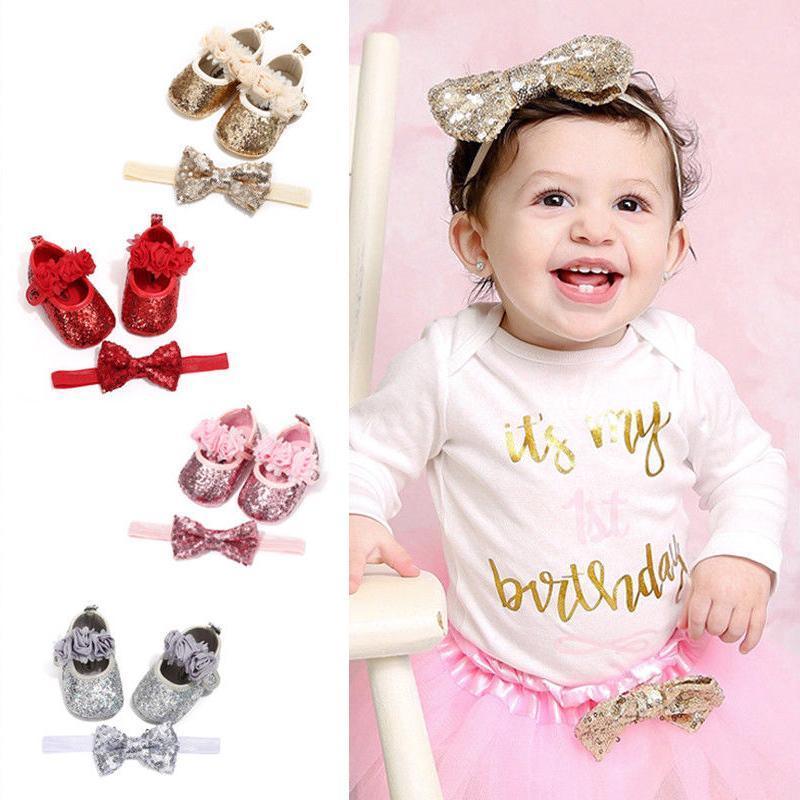 Cute Sparkly Baby Bowknot Non-Slip Sole Baby Girls Shoes Newborn Princess First Walkers Hairband Baby Party Shoes Stevvex