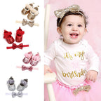 Cute Sparkly Baby Bowknot Non-Slip Sole Baby Girls Shoes Newborn Princess First Walkers Hairband Baby Party Shoes Stevvex