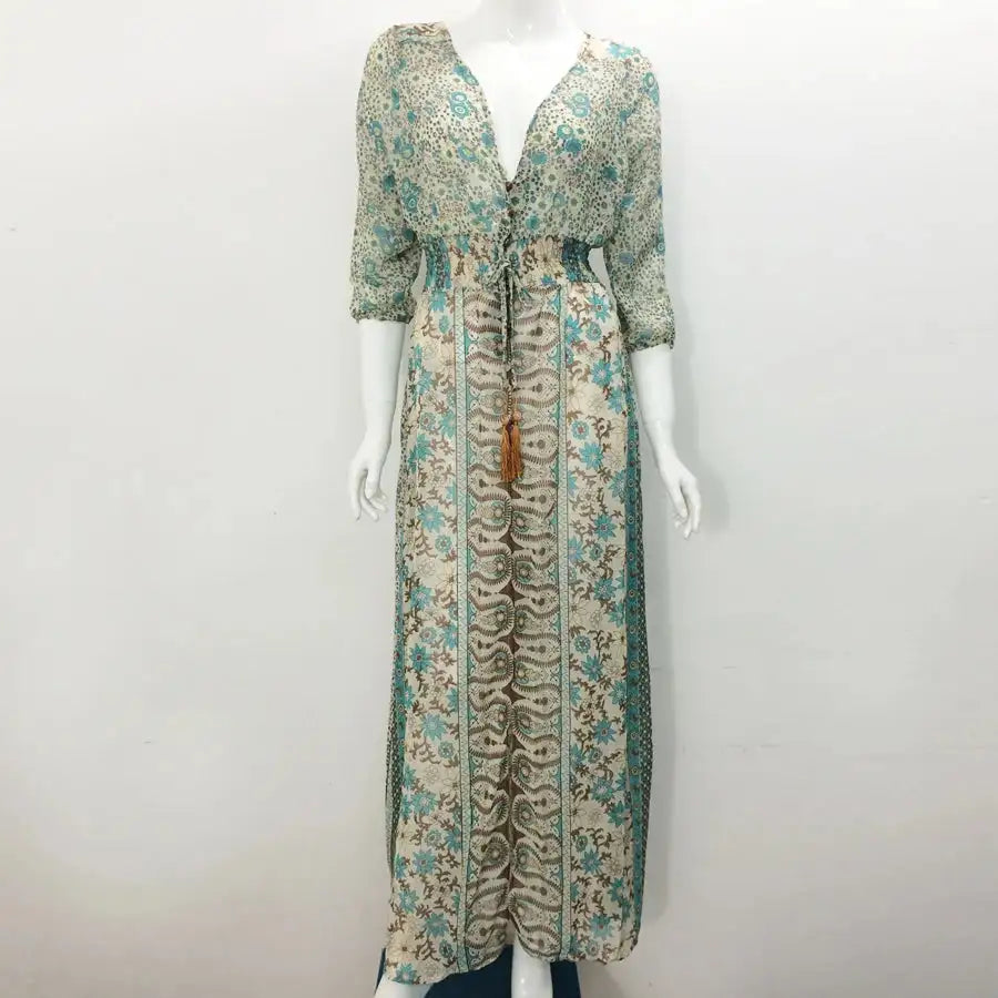 TEELYNN boho long dress Vintage 2023 floral print Chiffon three quarter sleeve v-neck summer Gypsy Hippie women dresses vestidos