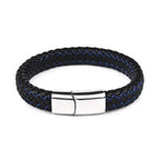 Handmade Luxury Modern Leather Black Blue Braided Leather Bracelet for Men Stainless Steel Design - SJB-DIAMOND ELITES