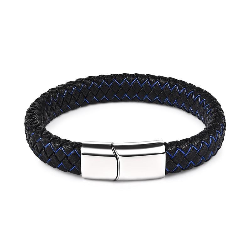 Handmade Luxury Modern Leather Black Blue Braided Leather Bracelet for Men Stainless Steel Design - SJB-DIAMOND ELITES