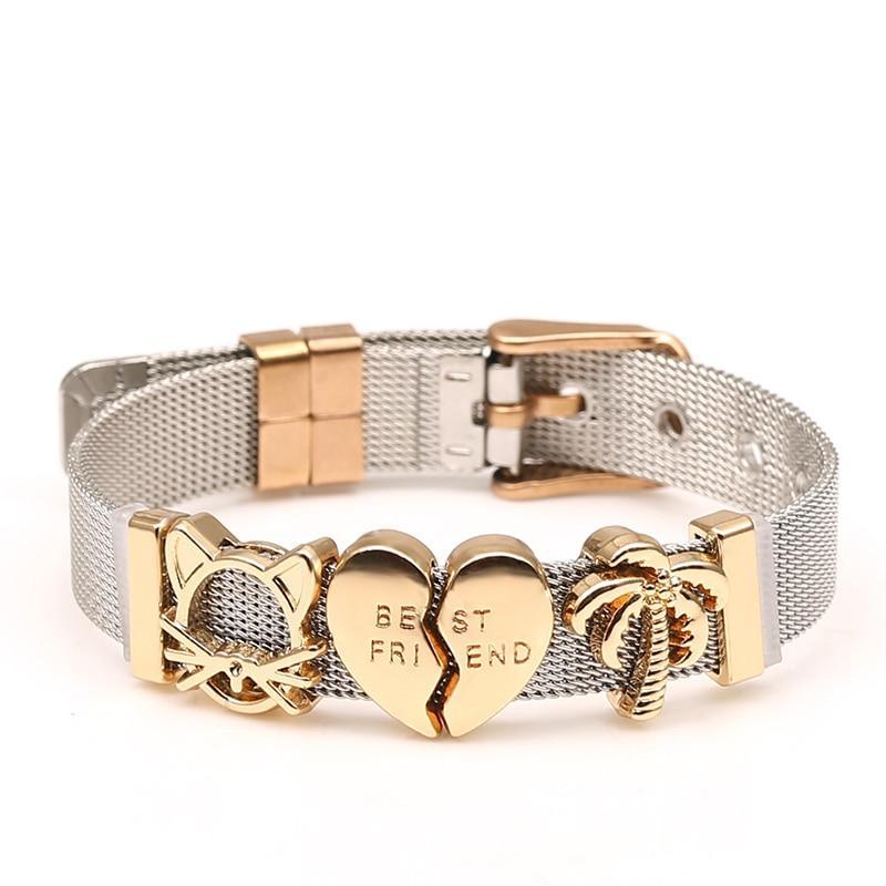 Two-tone Stainless Steel  Bracelets For Women Men Golden Love Heart Beaded  Ribbon  Bracelet & Bangle Gifts - SJB-DIAMOND ELITES