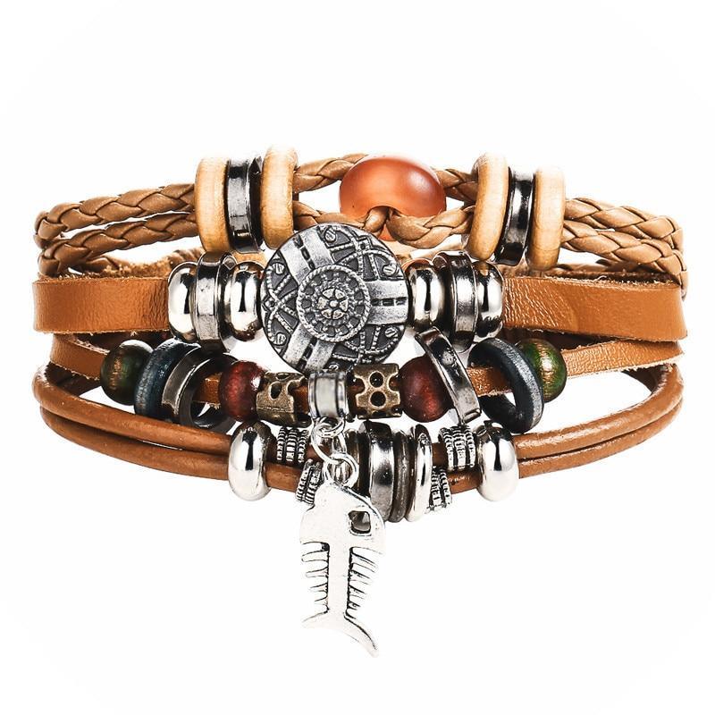 BOHO Tibet Stone Feather Multilayer Leather Bracelet Eye Fish Charms Beads Bracelets For Men Vintage Punk Wrap Wristband Cool Jewelry - SJB-DIAMOND ELITES