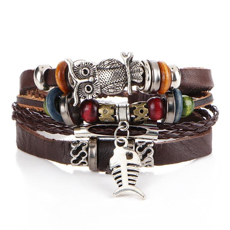 BOHO Tibet Stone Feather Multilayer Leather Bracelet Eye Fish Charms Beads Bracelets For Men Vintage Punk Wrap Wristband Cool Jewelry - SJB-DIAMOND ELITES