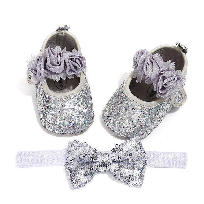 Cute Sparkly Baby Bowknot Non-Slip Sole Baby Girls Shoes Newborn Princess First Walkers Hairband Baby Party Shoes Stevvex