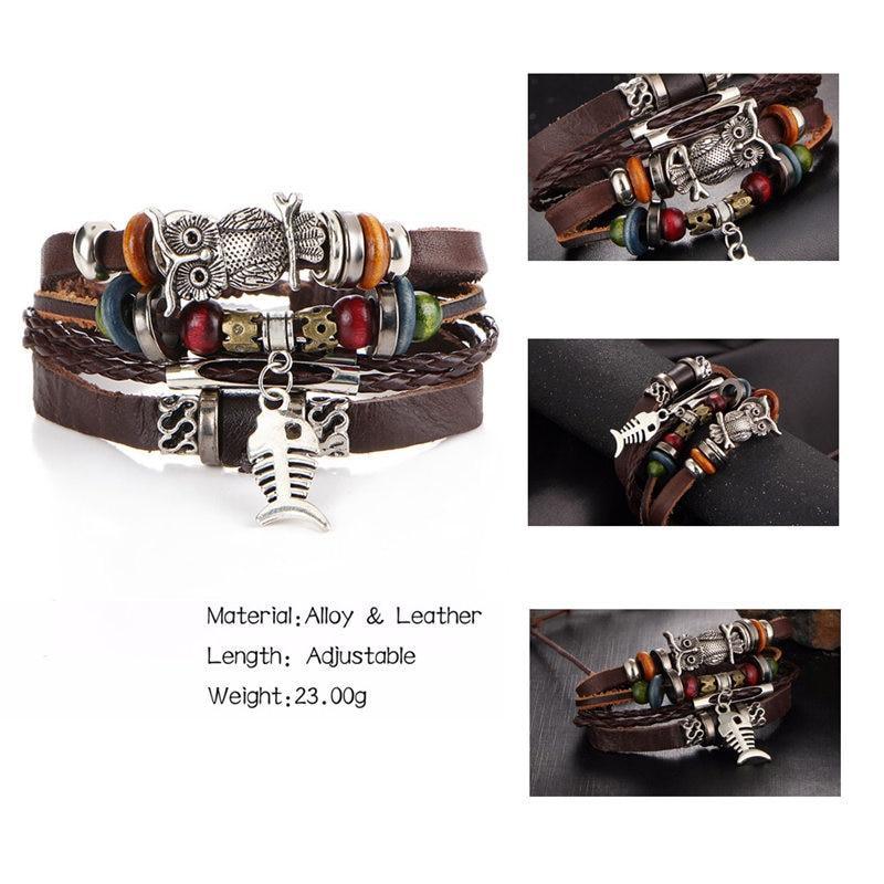 BOHO Tibet Stone Feather Multilayer Leather Bracelet Eye Fish Charms Beads Bracelets For Men Vintage Punk Wrap Wristband Cool Jewelry - SJB-DIAMOND ELITES