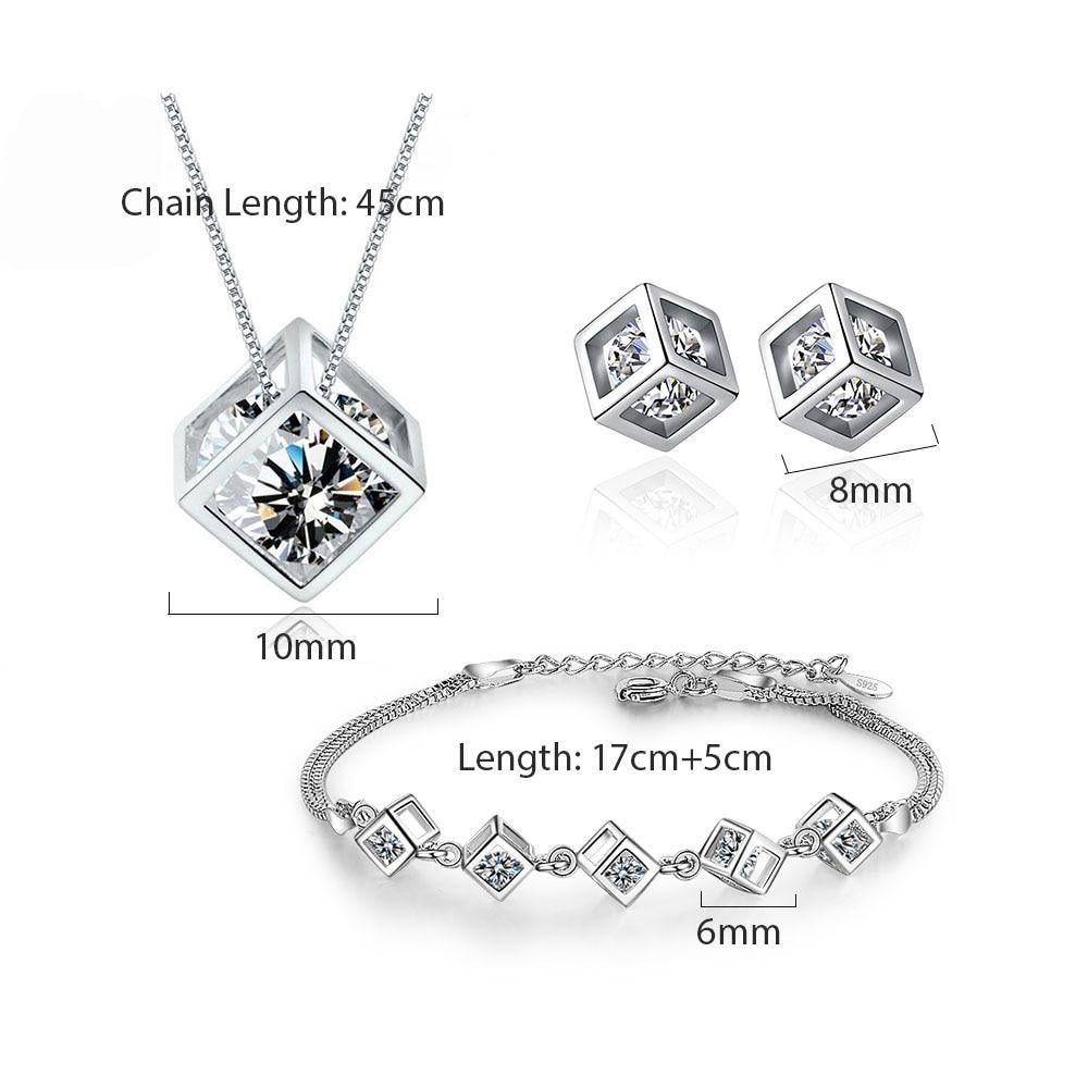 New Style Stamp Silver Color Jewelry Luxury Sets Zircon Elegant Square Cube Necklace Earrings Bracelet For Women - SJB-DIAMOND ELITES