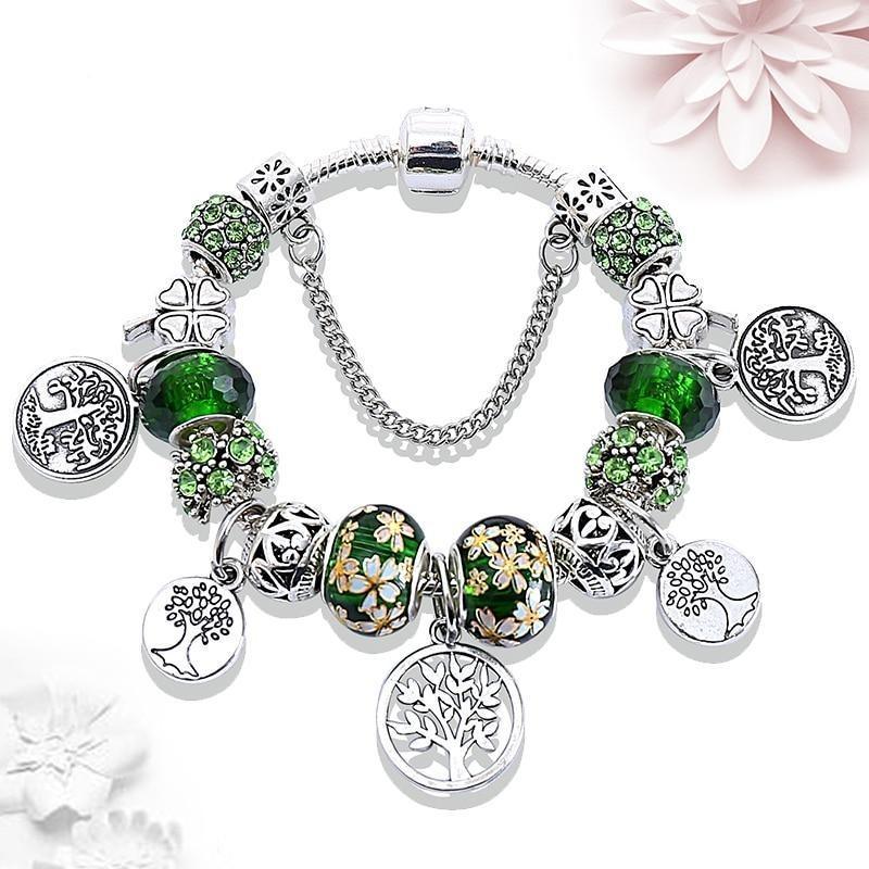 Elegant Modern Amazing Fashion New Luxury Silver Tree of Life Fashion Bracelet Green Leaf Crystal Charm Bracelet - SJB-DIAMOND ELITES