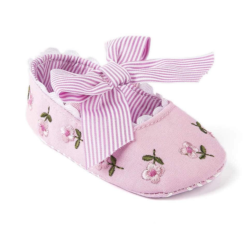 Baby Girl Newborn Shoes Floral Embroidery Striped Bowknot First Walker Soft Soles Anti-Slip Princess Shoes Stevvex