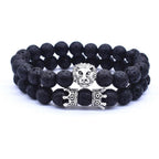 Classic Vintage Elegant Lion Head and Luxury Crown Charm Bracelet Natural Lava Stone Beads Amazing Bracelet Great For Men Fashion Jewelry