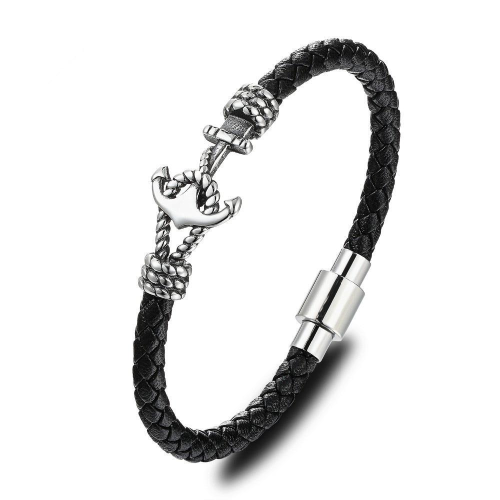 Modern Design Popular Black Leather Anchor Luxury Bracelet For Men Stainless Steel Leather Bracelet Elegant And Couple Bracelet - SJB-DIAMOND ELITES