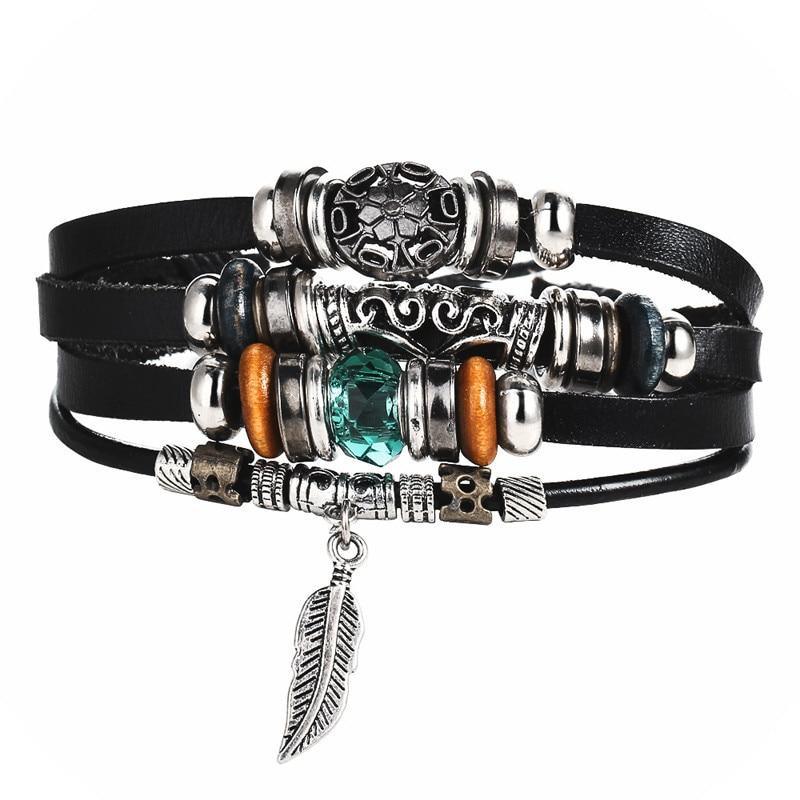 BOHO Tibet Stone Feather Multilayer Leather Bracelet Eye Fish Charms Beads Bracelets For Men Vintage Punk Wrap Wristband Cool Jewelry - SJB-DIAMOND ELITES