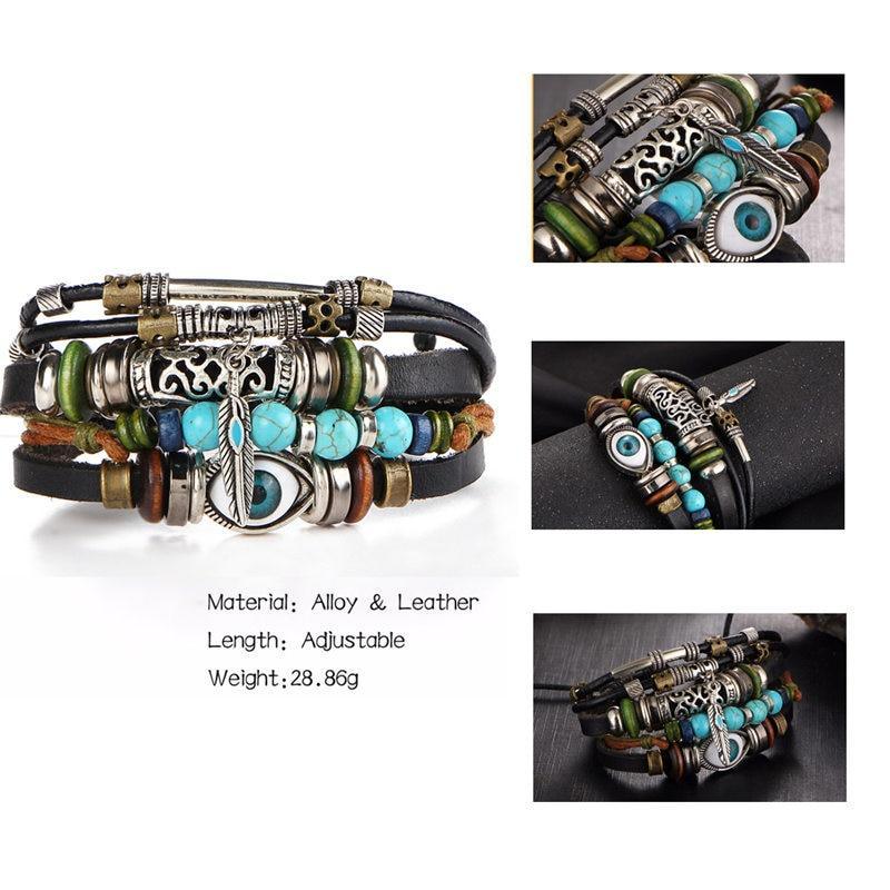 BOHO Tibet Stone Feather Multilayer Leather Bracelet Eye Fish Charms Beads Bracelets For Men Vintage Punk Wrap Wristband Cool Jewelry - SJB-DIAMOND ELITES