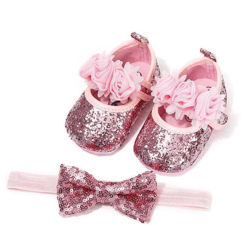 Cute Sparkly Baby Bowknot Non-Slip Sole Baby Girls Shoes Newborn Princess First Walkers Hairband Baby Party Shoes Stevvex