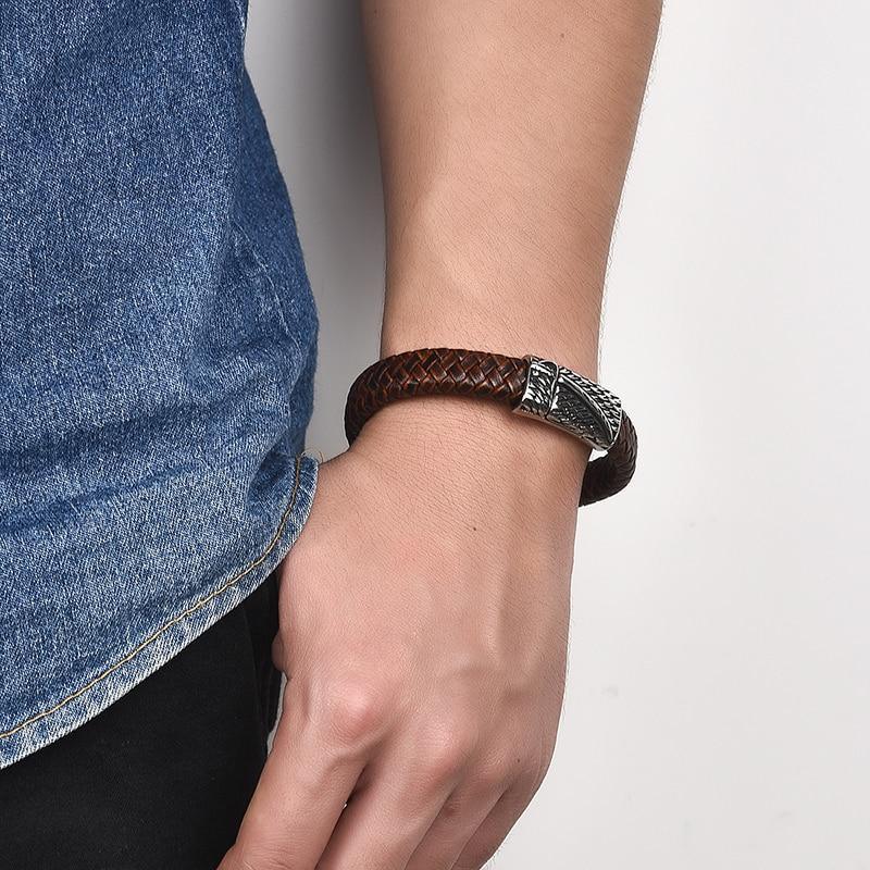 Handmade Luxury Modern Leather Black Blue Braided Leather Bracelet for Men Stainless Steel Design - SJB-DIAMOND ELITES