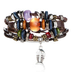 BOHO Tibet Stone Feather Multilayer Leather Bracelet Eye Fish Charms Beads Bracelets For Men Vintage Punk Wrap Wristband Cool Jewelry - SJB-DIAMOND ELITES