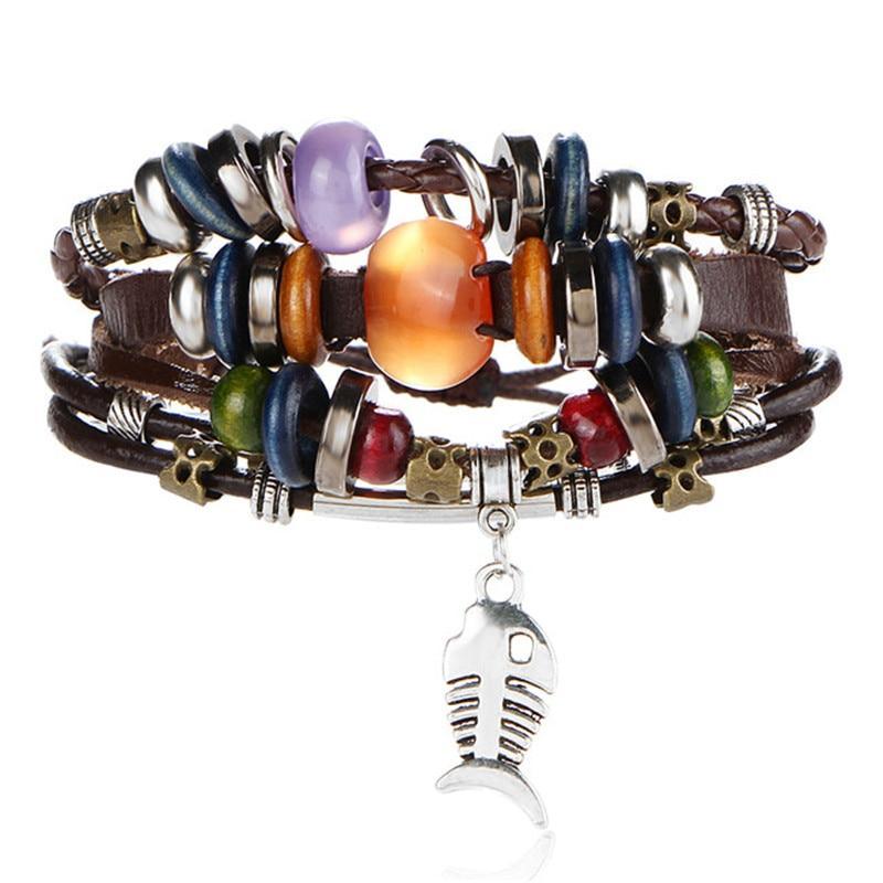 BOHO Tibet Stone Feather Multilayer Leather Bracelet Eye Fish Charms Beads Bracelets For Men Vintage Punk Wrap Wristband Cool Jewelry - SJB-DIAMOND ELITES
