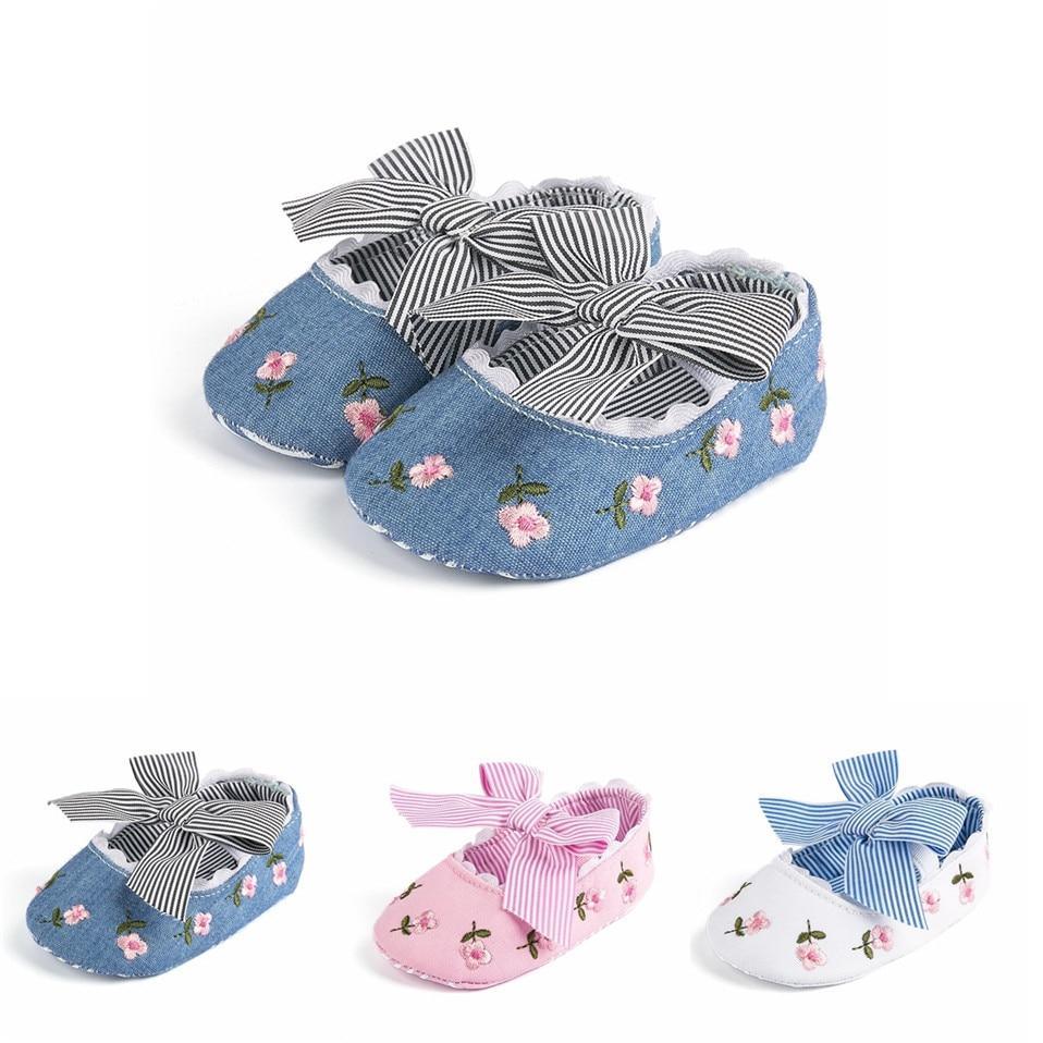 Baby Girl Newborn Shoes Floral Embroidery Striped Bowknot First Walker Soft Soles Anti-Slip Princess Shoes Stevvex