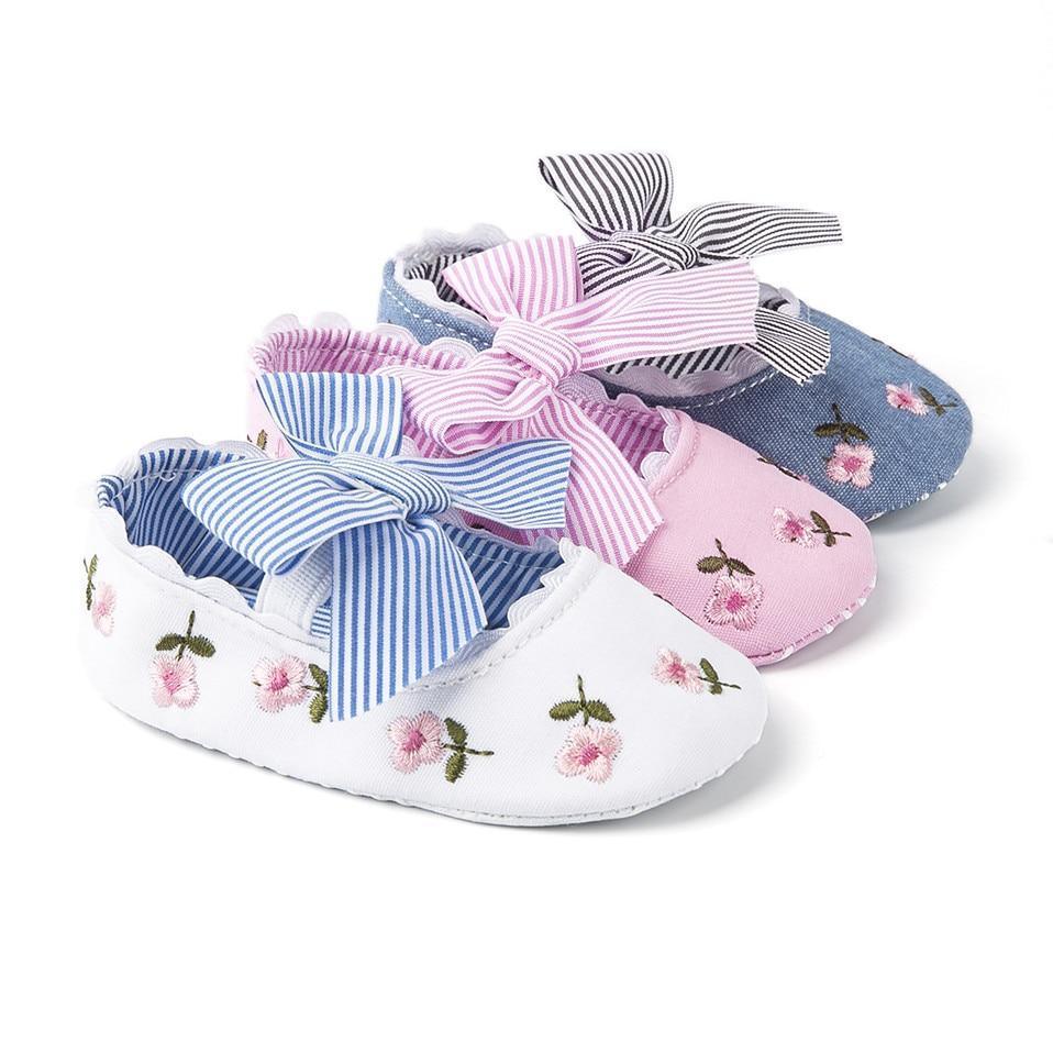 Baby Girl Newborn Shoes Floral Embroidery Striped Bowknot First Walker Soft Soles Anti-Slip Princess Shoes Stevvex