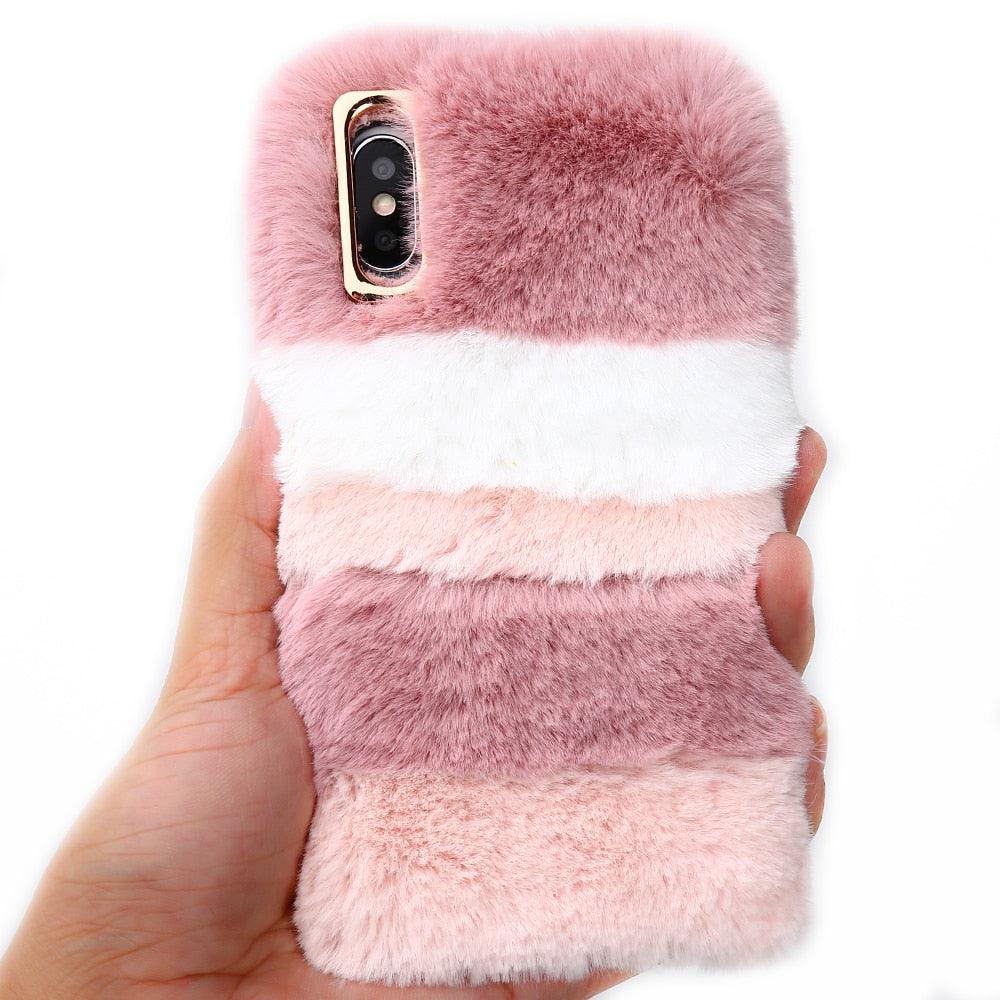 Cute Stuffed Plush Fluffy Case For iPhone 13 12 11 Pro XS Max X XR 12Mini Rabbit Ears Furry fluffy Fur Plush Warm Cover for iPhone 6 6S 7 8 Plus Phone Case Stevvex