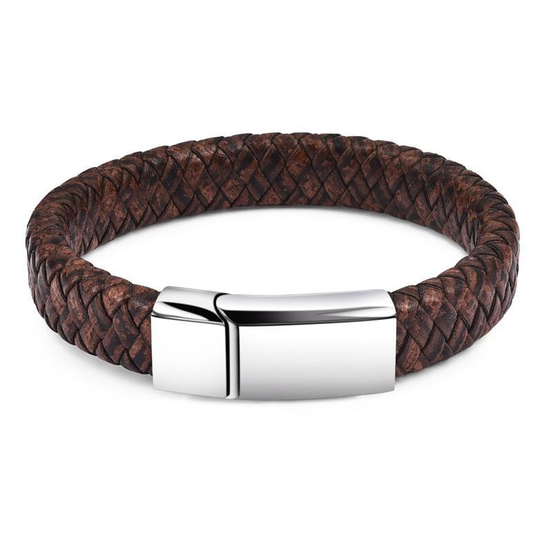 Handmade Luxury Modern Leather Black Blue Braided Leather Bracelet for Men Stainless Steel Design - SJB-DIAMOND ELITES
