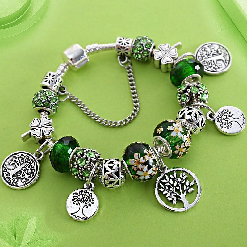 Elegant Modern Amazing Fashion New Luxury Silver Tree of Life Fashion Bracelet Green Leaf Crystal Charm Bracelet - SJB-DIAMOND ELITES