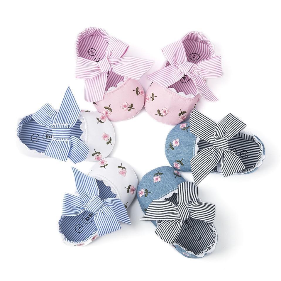 Baby Girl Newborn Shoes Floral Embroidery Striped Bowknot First Walker Soft Soles Anti-Slip Princess Shoes Stevvex