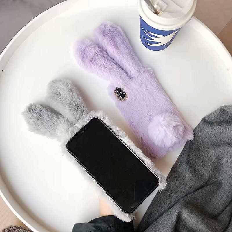 Cute Stuffed Plush Fluffy Case For iPhone 13 12 11 Pro XS Max X XR 12Mini Rabbit Ears Furry fluffy Fur Plush Warm Cover for iPhone 6 6S 7 8 Plus Phone Case Stevvex