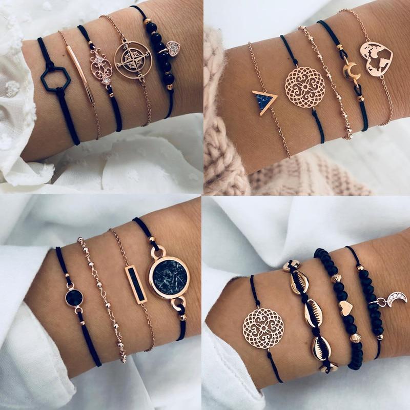 Bohemian Black Beads Chain Bracelets Bangles For Women Fashion Heart Compass Gold Color  Bracelets Sets Luxury Jewelry Gifts - SJB-DIAMOND ELITES