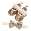 Cute Sparkly Baby Bowknot Non-Slip Sole Baby Girls Shoes Newborn Princess First Walkers Hairband Baby Party Shoes Stevvex