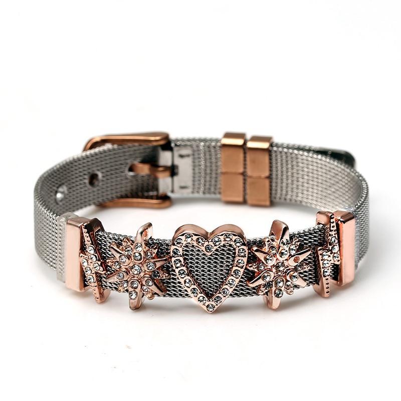 Two-tone Stainless Steel  Bracelets For Women Men Golden Love Heart Beaded  Ribbon  Bracelet & Bangle Gifts - SJB-DIAMOND ELITES