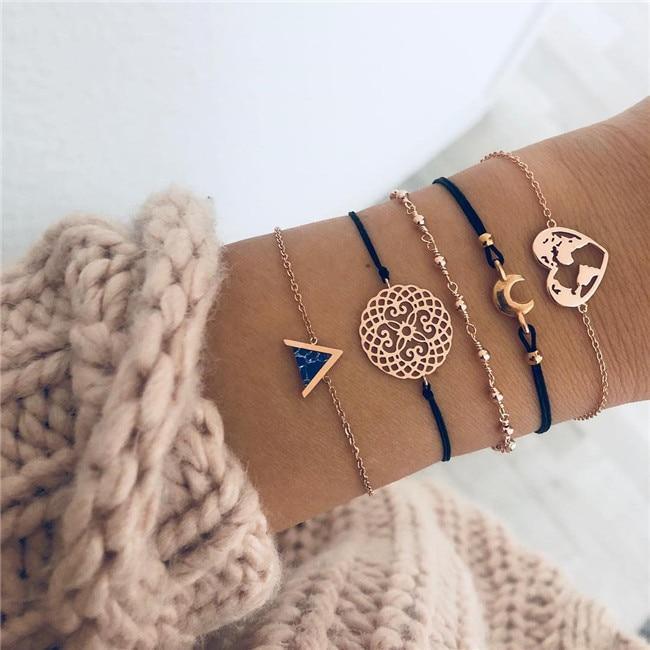 Bohemian Black Beads Chain Bracelets Bangles For Women Fashion Heart Compass Gold Color  Bracelets Sets Luxury Jewelry Gifts - SJB-DIAMOND ELITES
