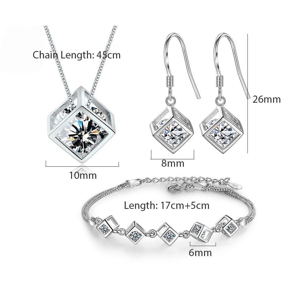 New Style Stamp Silver Color Jewelry Luxury Sets Zircon Elegant Square Cube Necklace Earrings Bracelet For Women - SJB-DIAMOND ELITES