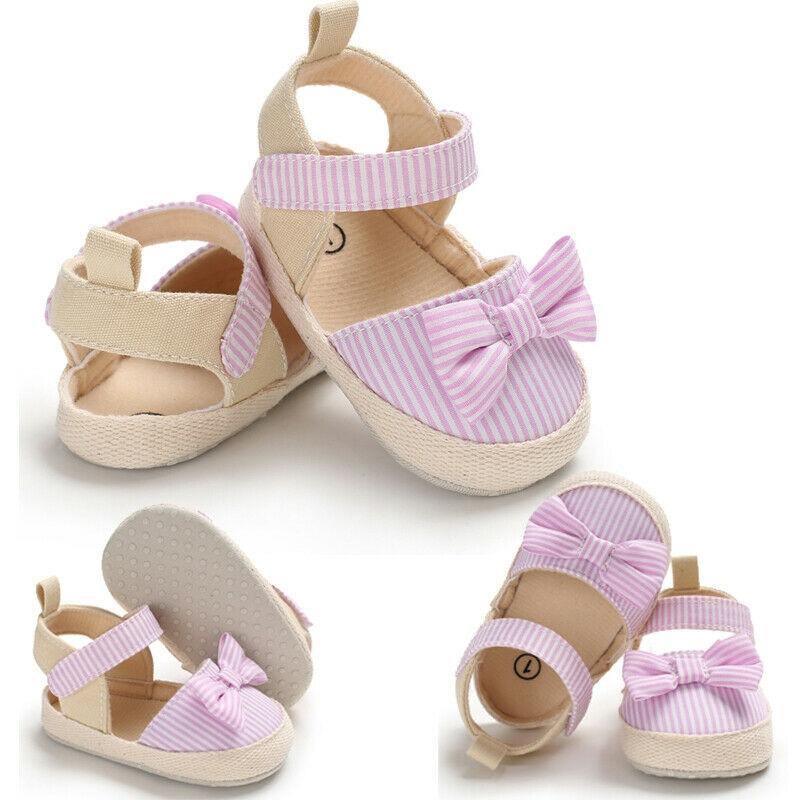 Newborn Baby Girl Striped Bow Sandals Soft Shoes Infants Anti-Slip Sneaker New Fashion Clogs 0-18M Stevvex