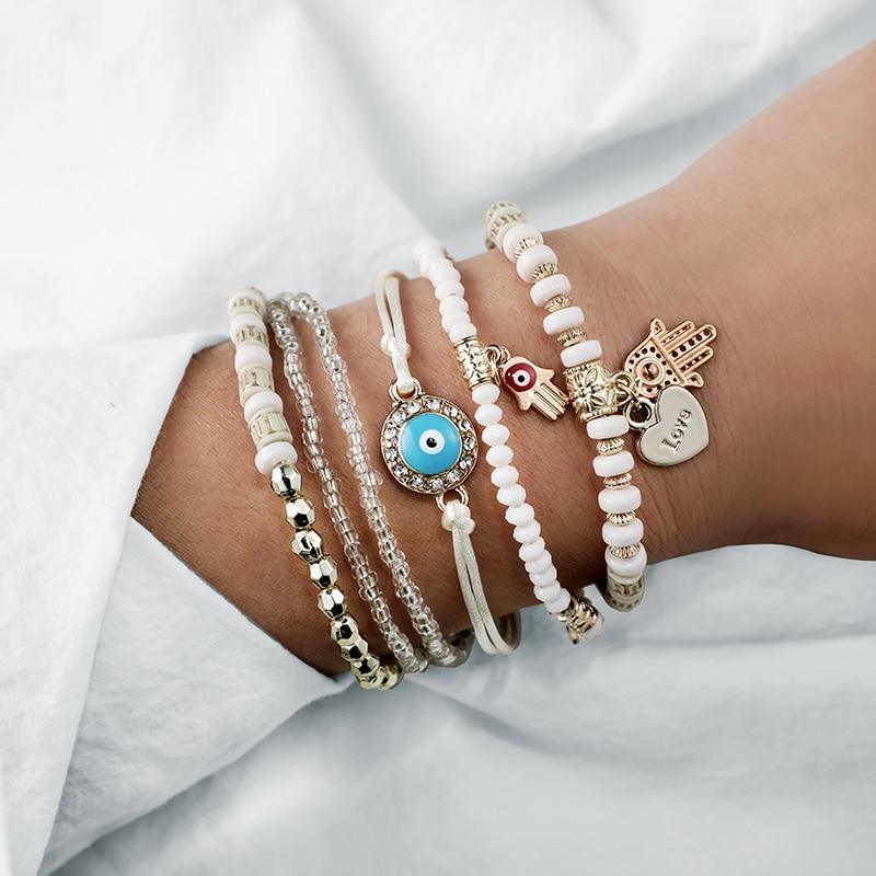 Ethnic Hand Heart Eye Adjustable Pendant Layered Bracelets Set for Women Beads String Bracelet Bangle Anklets Luxury Jewelry For Women - SJB-DIAMOND ELITES